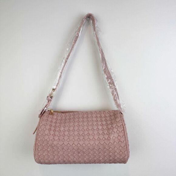Anthropologie Woven Faux Suede Shoulder Bag Blush Pink Barrel Crossbody NWT - Picture 2 of 6